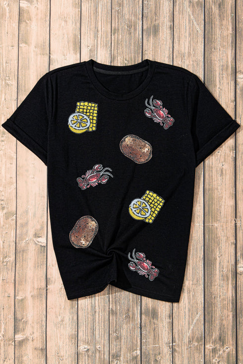 Sequin Crawfish Potato Lemon Corn Graphic Crewneck T Shirt