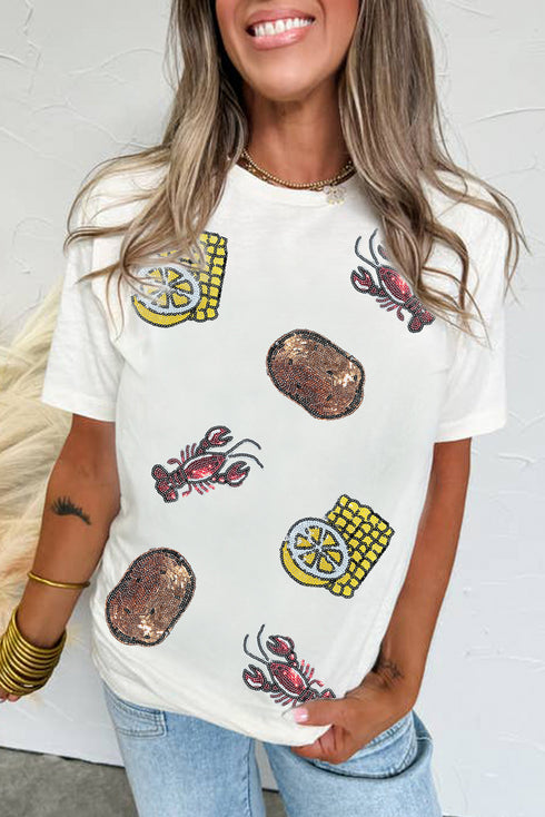 Sequin Crawfish Potato Lemon Corn Graphic Crewneck T Shirt