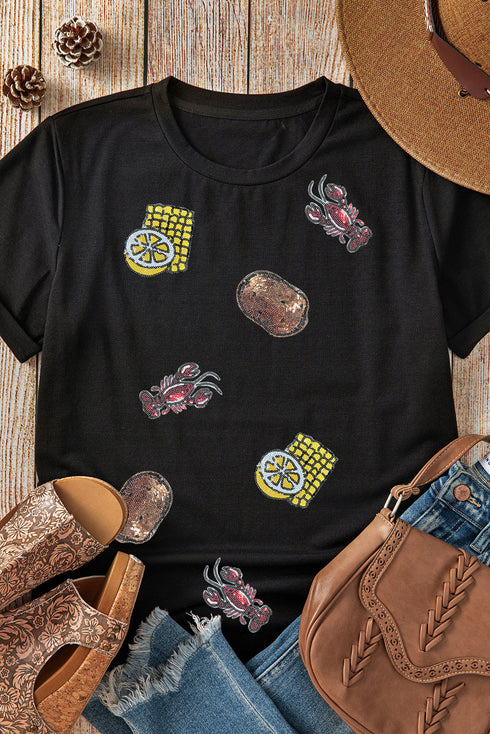 Sequin Crawfish Potato Lemon Corn Graphic Crewneck T Shirt