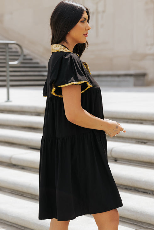 Sequin Detail Collared Flutter Sleeve Shirt Dress