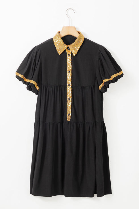 Sequin Detail Collared Flutter Sleeve Shirt Dress