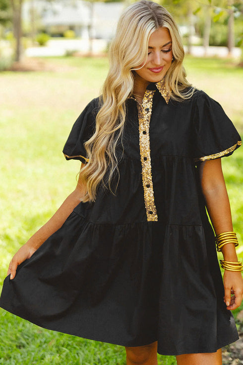 Sequin Detail Collared Flutter Sleeve Shirt Dress