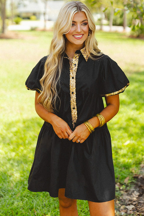 Sequin Detail Collared Flutter Sleeve Shirt Dress