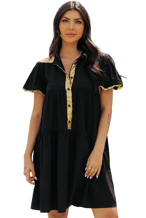 Sequin Detail Collared Flutter Sleeve Shirt Dress