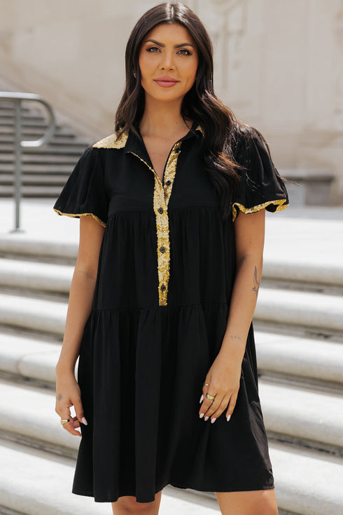 Sequin Detail Collared Flutter Sleeve Shirt Dress