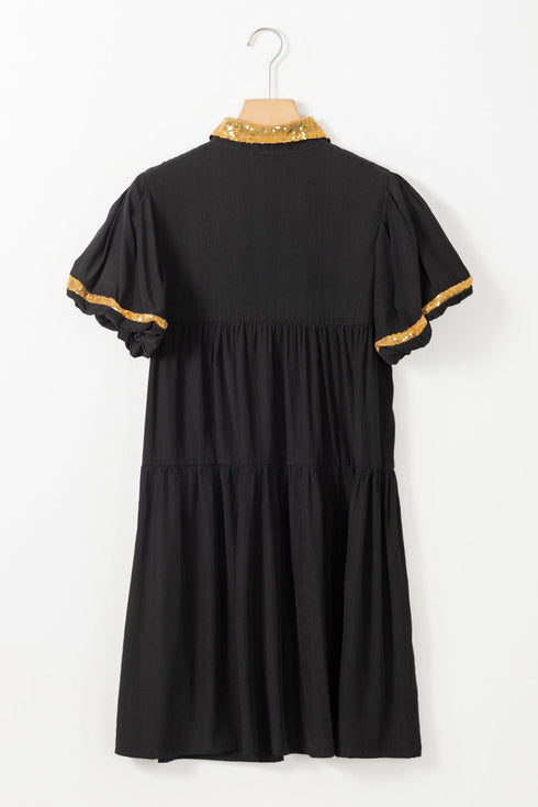Sequin Detail Collared Flutter Sleeve Shirt Dress