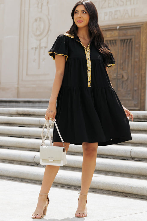 Sequin Detail Collared Flutter Sleeve Shirt Dress