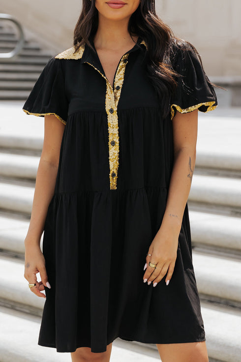 Sequin Detail Collared Flutter Sleeve Shirt Dress