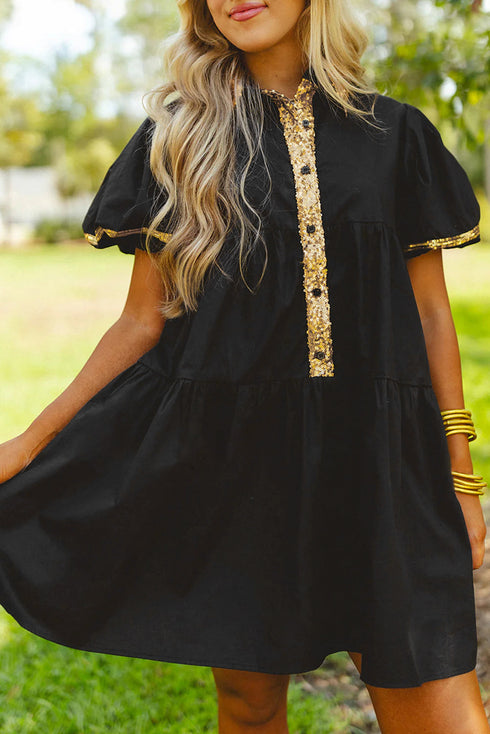Sequin Detail Collared Flutter Sleeve Shirt Dress