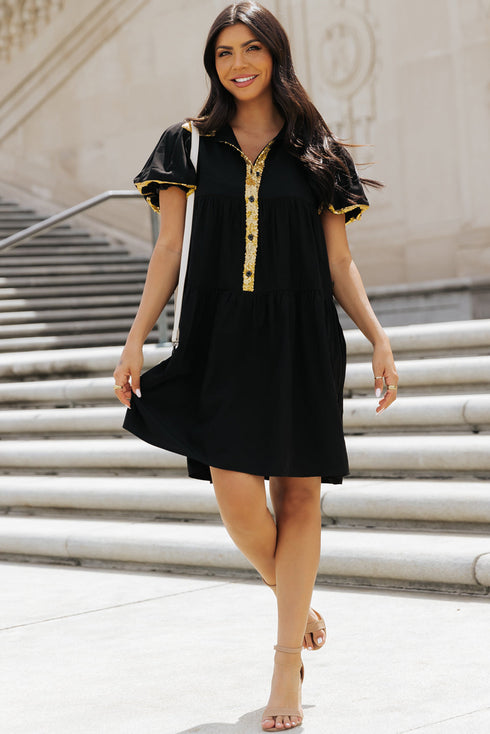Sequin Detail Collared Flutter Sleeve Shirt Dress