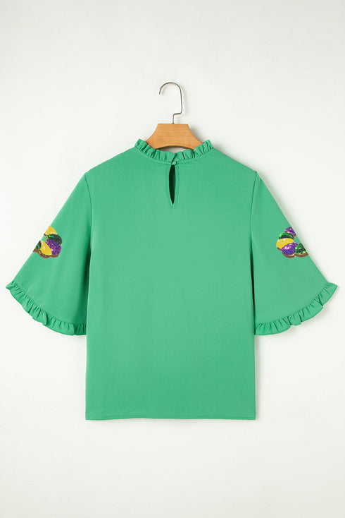 Sequin Doughnut Graphic Ruffled Trim Bell Sleeve Blouse