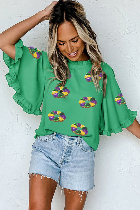 Sequin Doughnut Graphic Ruffled Trim Bell Sleeve Blouse