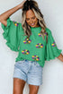 Sequin Doughnut Graphic Ruffled Trim Bell Sleeve Blouse