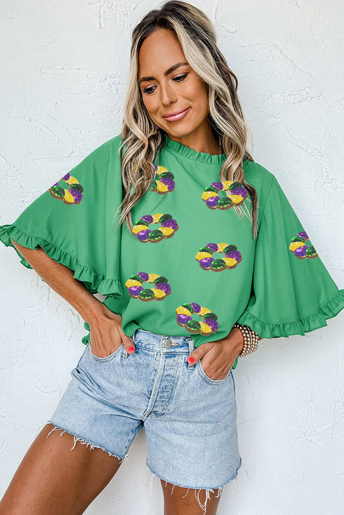 Sequin Doughnut Graphic Ruffled Trim Bell Sleeve Blouse