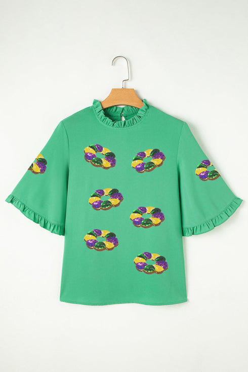 Sequin Doughnut Graphic Ruffled Trim Bell Sleeve Blouse