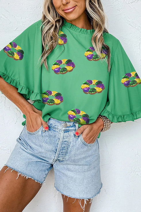 Sequin Doughnut Graphic Ruffled Trim Bell Sleeve Blouse