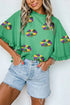 Sequin Doughnut Graphic Ruffled Trim Bell Sleeve Blouse