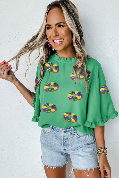 Sequin Doughnut Graphic Ruffled Trim Bell Sleeve Blouse