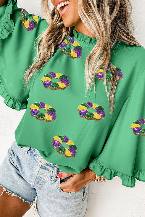 Sequin Doughnut Graphic Ruffled Trim Bell Sleeve Blouse
