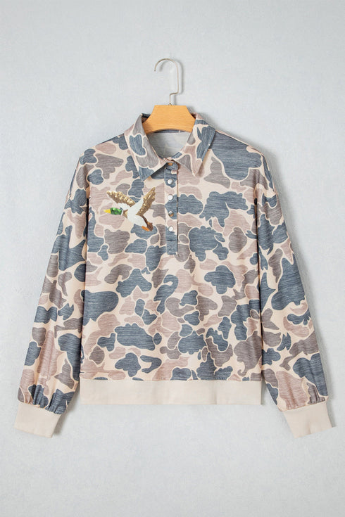 Sequin Duck Camouflage Pattern Collared Pullover Sweatshirt