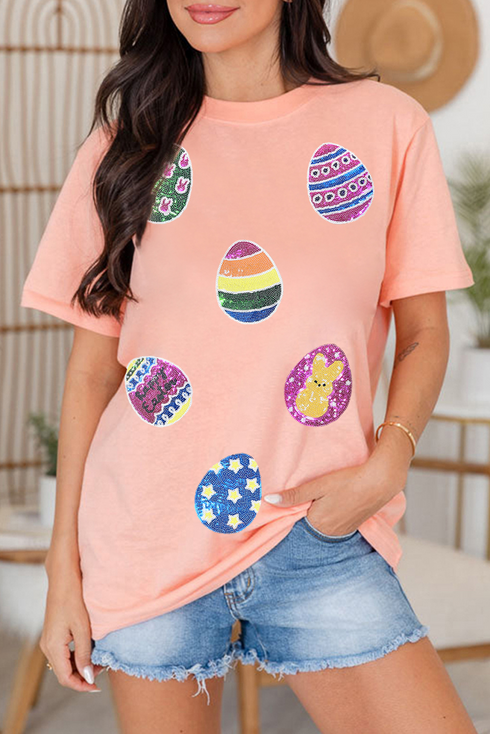Sequin Egg Graphic Short Sleeve Crew Neck T Shirt