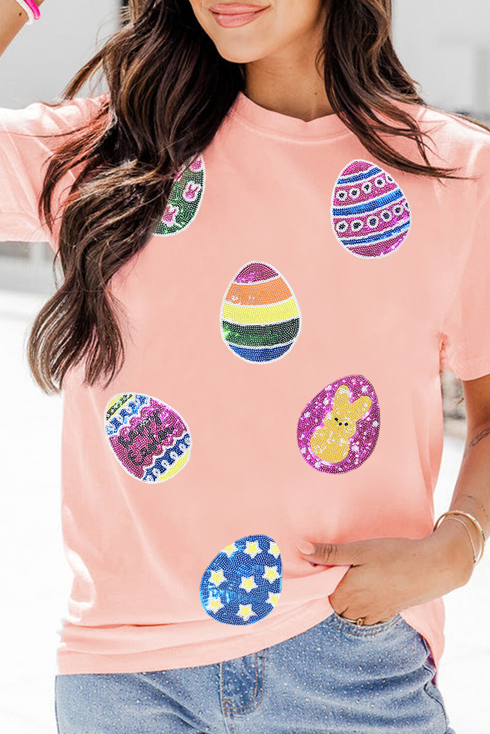Sequin Egg Graphic Short Sleeve Crew Neck T Shirt