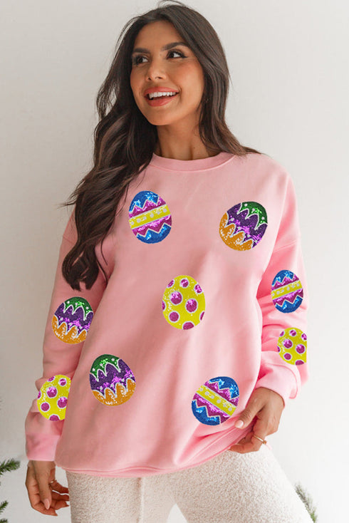 Sequin Egg Patch Crew Neck Pullover Sweatshirt