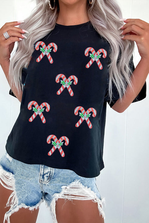 Sequin Embellished Candy Cane And Holly Graphic Tee
