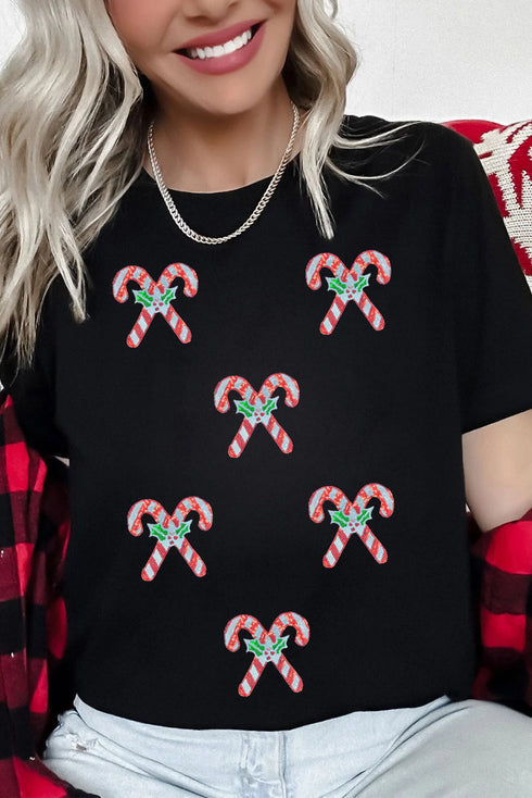 Sequin Embellished Candy Cane And Holly Graphic Tee