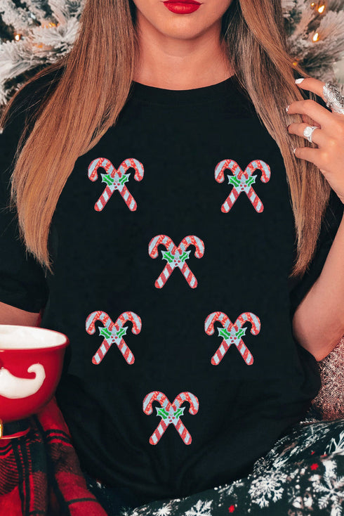 Sequin Embellished Candy Cane And Holly Graphic Tee