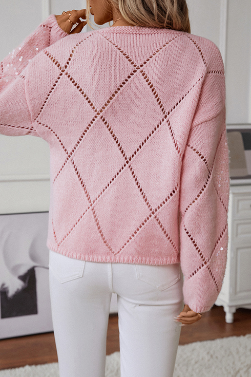 Sequin Embellished Diamond Openwork Knit Pullover Sweater