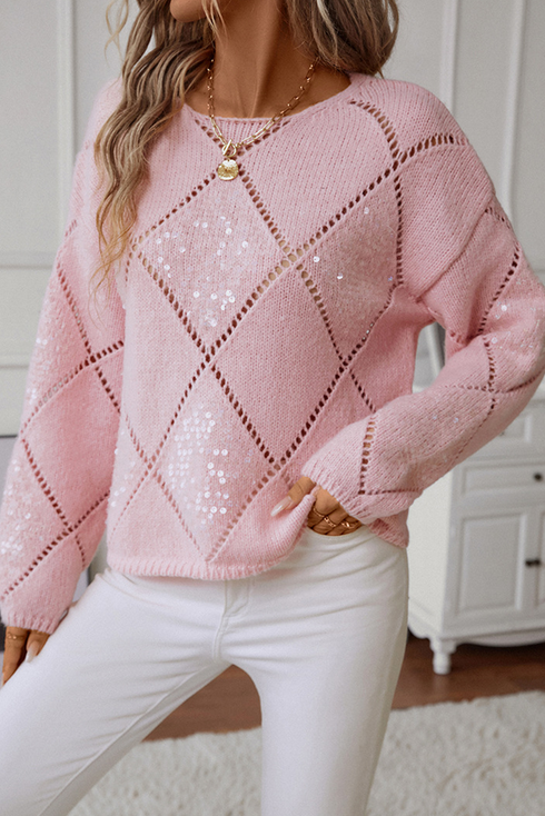Sequin Embellished Diamond Openwork Knit Pullover Sweater