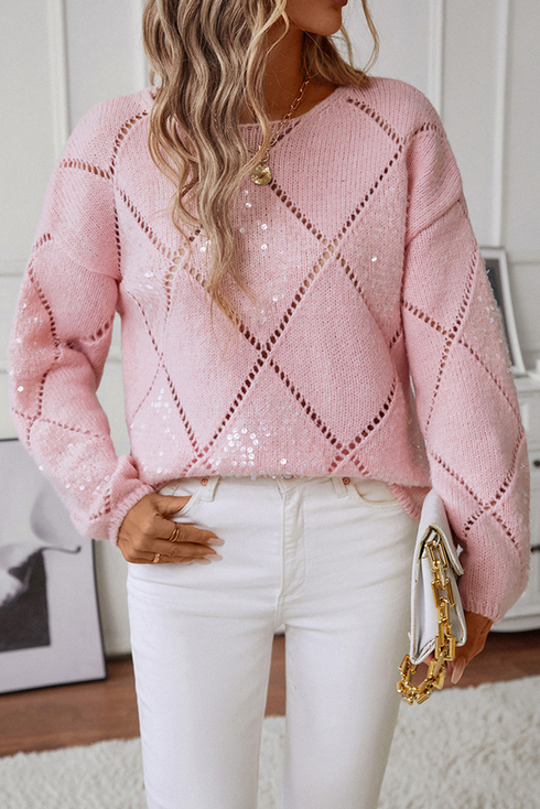 Sequin Embellished Diamond Openwork Knit Pullover Sweater