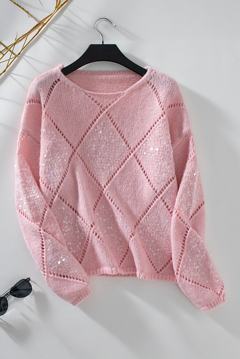 Sequin Embellished Diamond Openwork Knit Pullover Sweater