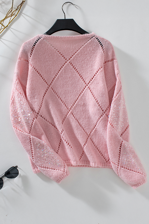 Sequin Embellished Diamond Openwork Knit Pullover Sweater