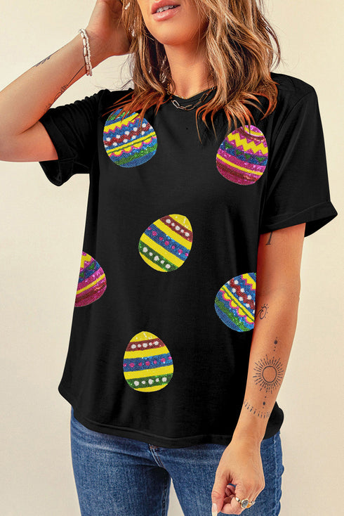 Sequin Embellished Egg Print Short Sleeve Tee