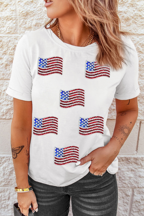 Sequin Embellished Flag Patch Short Sleeve Tee