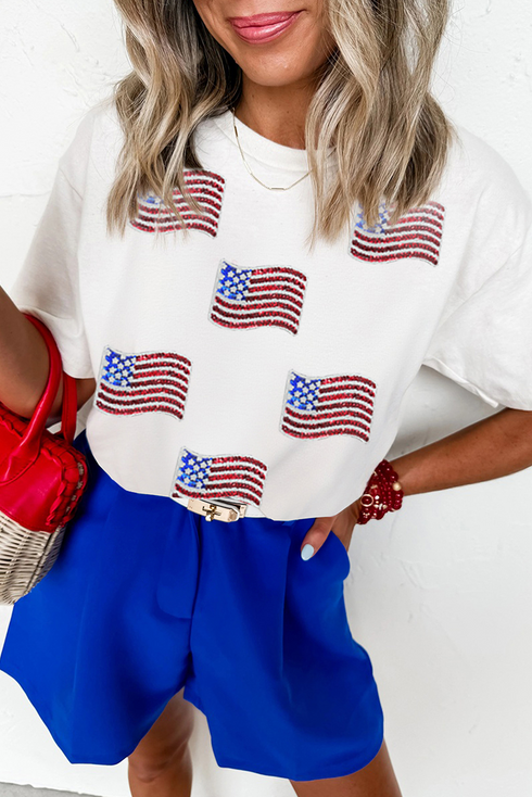 Sequin Embellished Flag Patch Short Sleeve Tee
