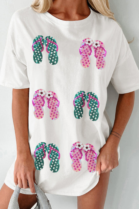 Sequin Embellished Flip Flop Graphic Short Sleeve Tunic Tee