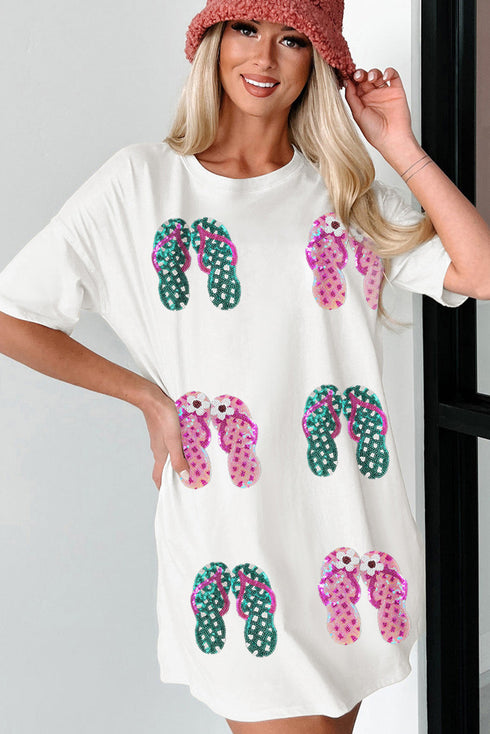 Sequin Embellished Flip Flop Graphic Short Sleeve Tunic Tee