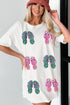 Sequin Embellished Flip Flop Graphic Short Sleeve Tunic Tee