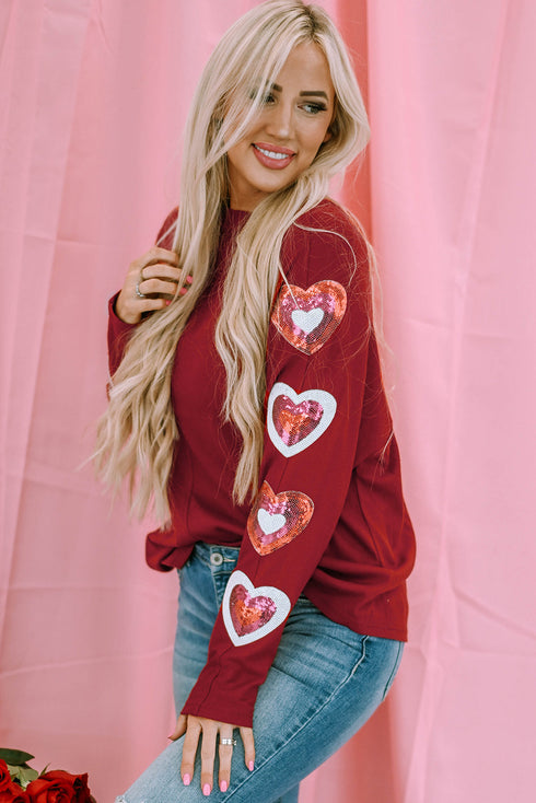 Sequin Embellished Heart Print Sleeve Graphic Tee
