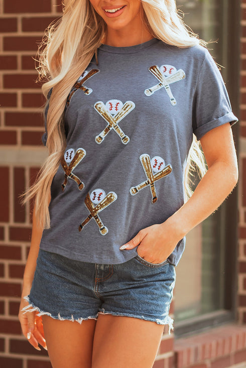 Sequin Embellished Helmet Graphic Short Sleeve Tee