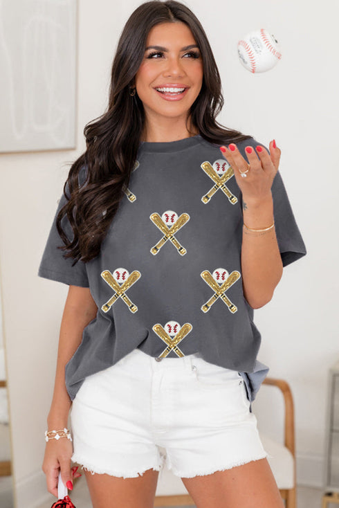 Sequin Embellished Helmet Graphic Short Sleeve Tee
