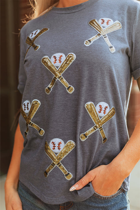 Sequin Embellished Helmet Graphic Short Sleeve Tee