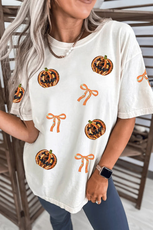 Sequin Embellished Pumpkin Face Bow Graphic Tee
