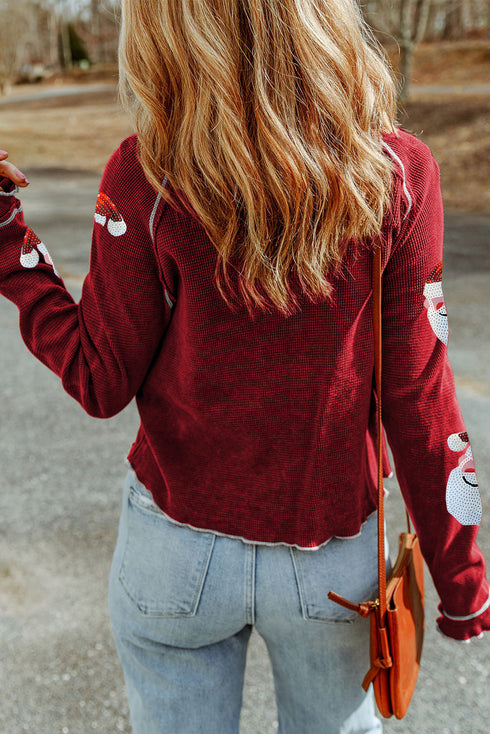 Sequin Embellished Textured Graphic Long Sleeve Top