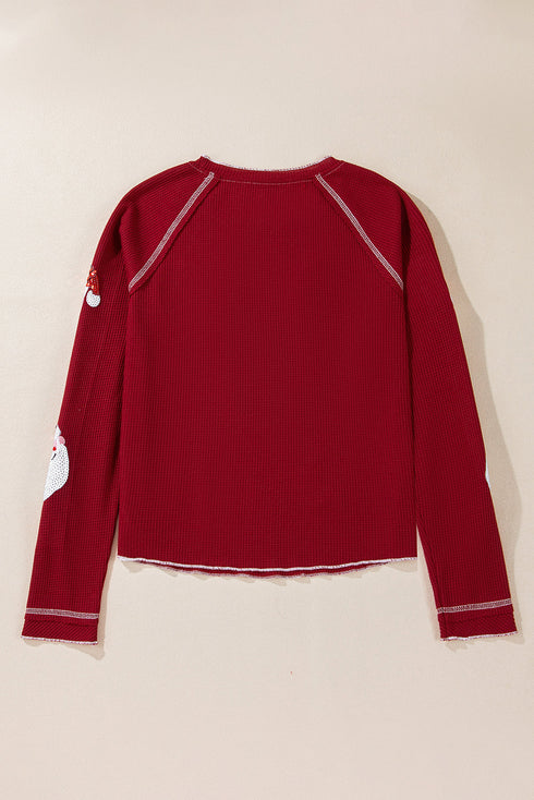 Sequin Embellished Textured Graphic Long Sleeve Top