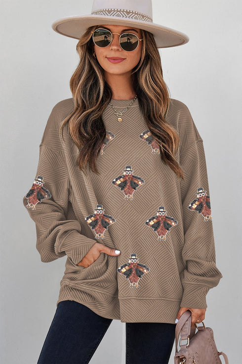 Sequin Embellished Textured Turkey Graphic Pullover Sweatshirt
