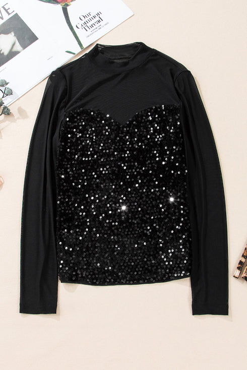 Sequin Embellished Velvet And Sheer Mesh Mock Neck Blouse